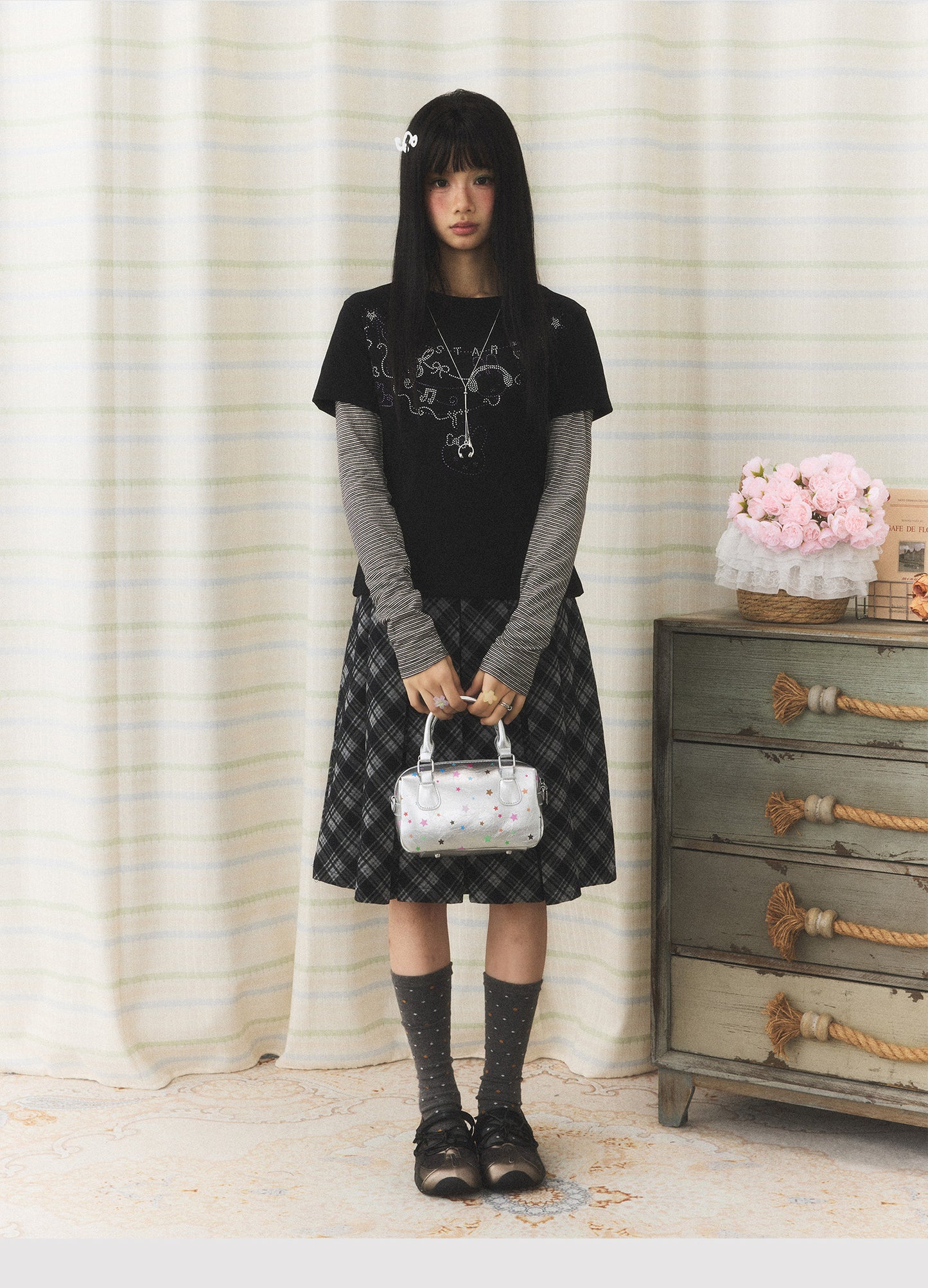 Rhinestone Melody Faux-Layer Stripe Long-Sleeve Tee