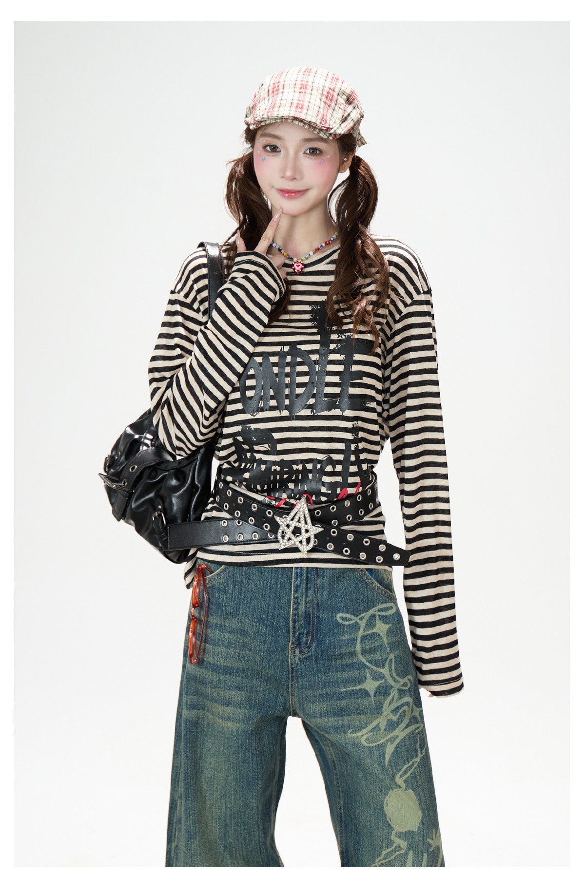 Distressed Striped Long Sleeve Top & Graphic Wide-Leg Pants