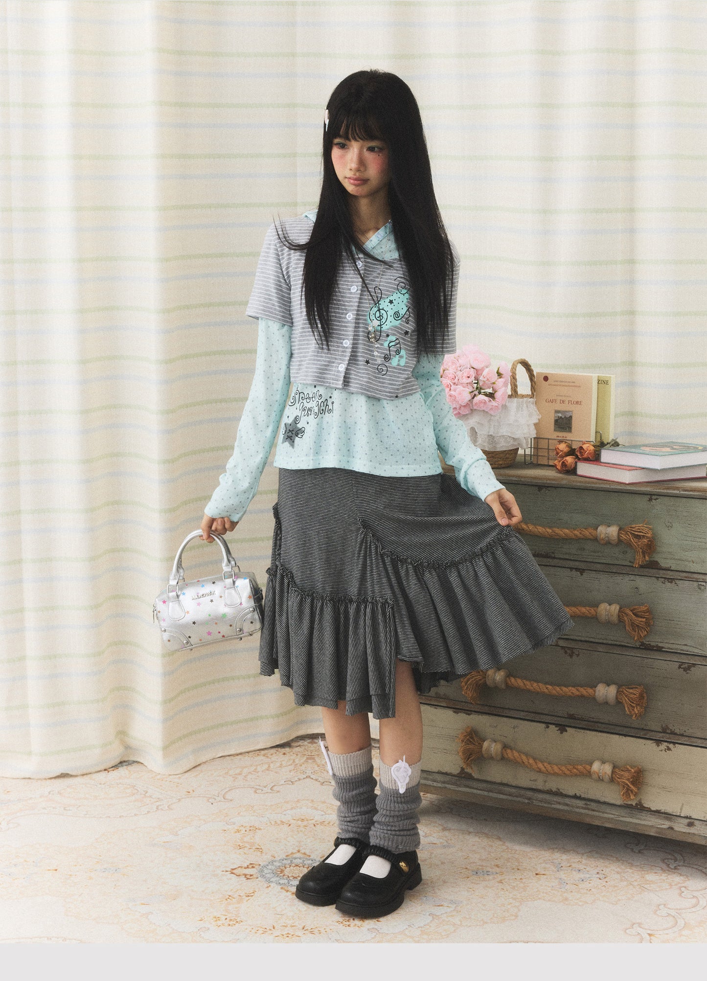 Mint Melody Faux-Layer Hooded Long-Sleeve Top