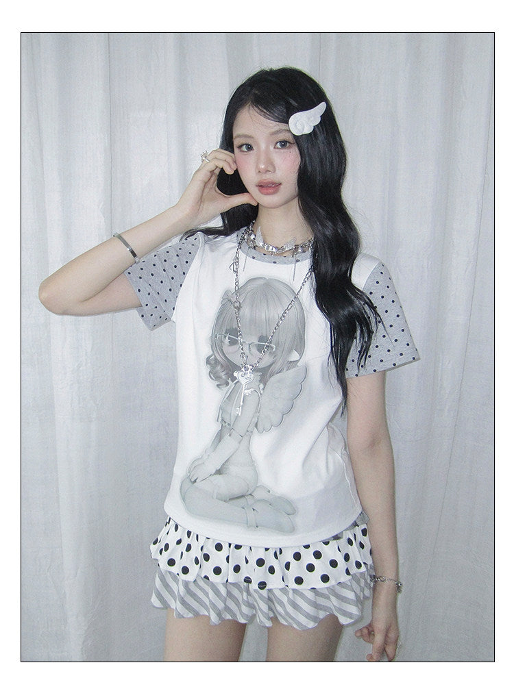 Angel Girl Contrast-Sleeve Graphic Tee