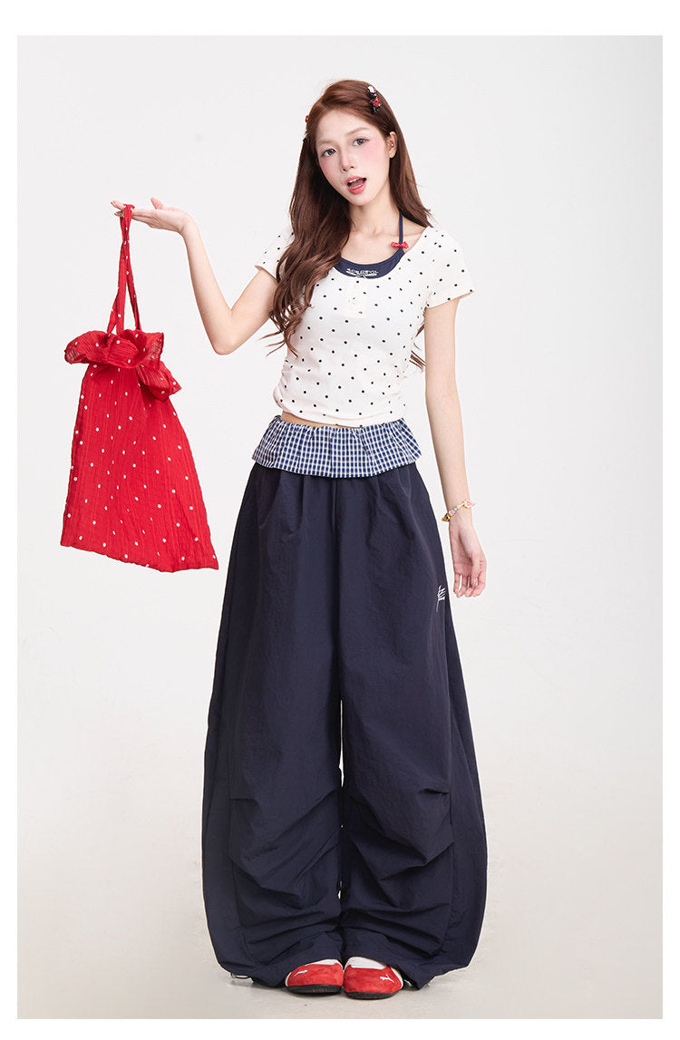 Polka Dot Baby Tee & Navy Wide-Leg Pants