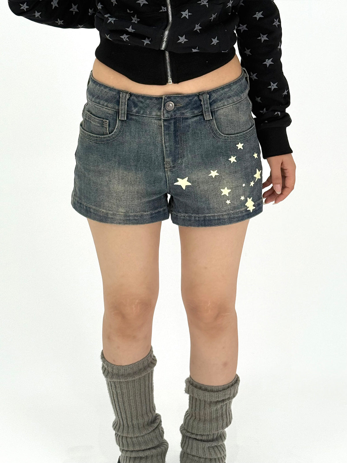 Star Print Washed Low-Rise Denim Shorts