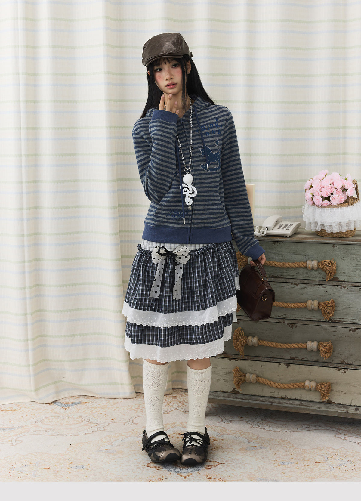 Striped Rocking Horse Embroidered Zip-Up Hoodie