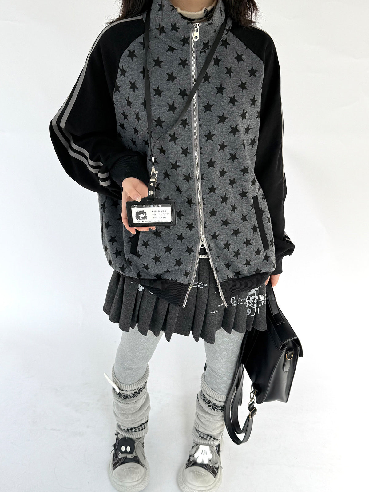 Charcoal Star Double-Zip Mock Neck Jacket