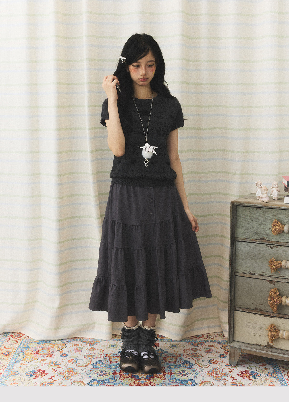 Charcoal Tiered Button Midi Skirt