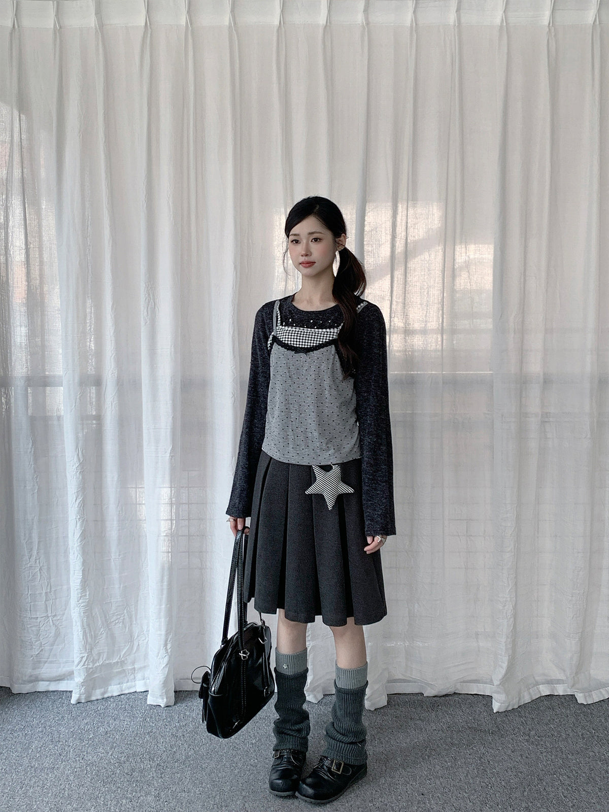 Black Gray Layered Gingham Cami Long Sleeve Top
