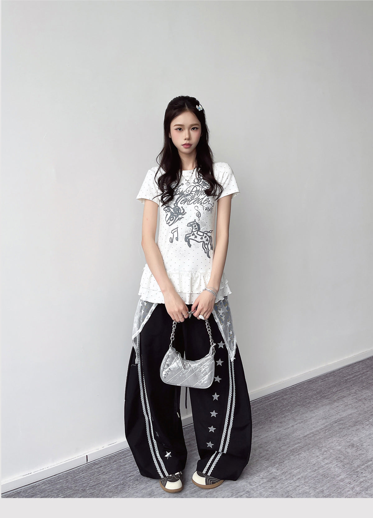 Star Lace Overlay Wide-Leg Parachute Pants