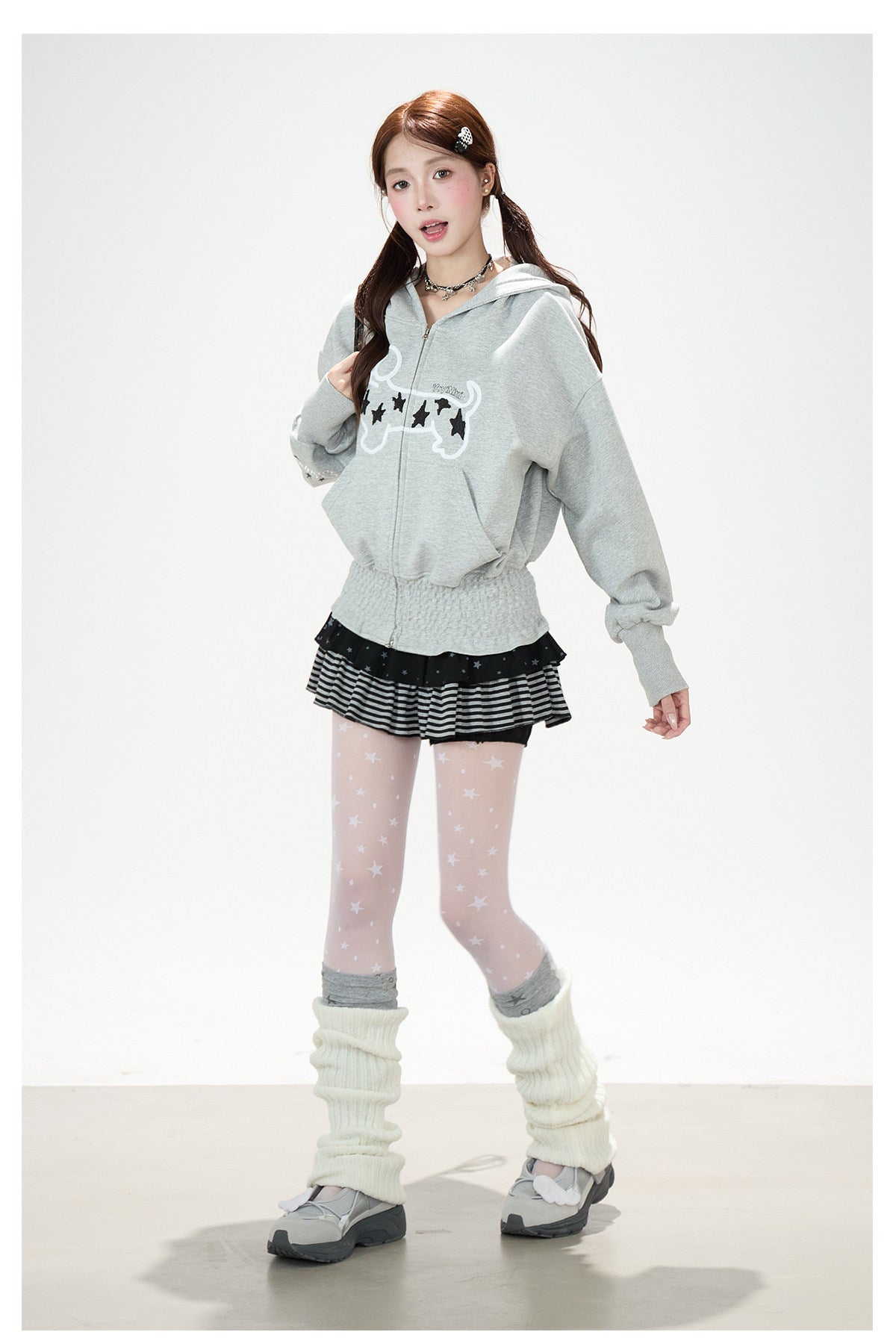 Star Puppy Zip-Up Hoodie & Black Stripe Ruffle Mini Skirt