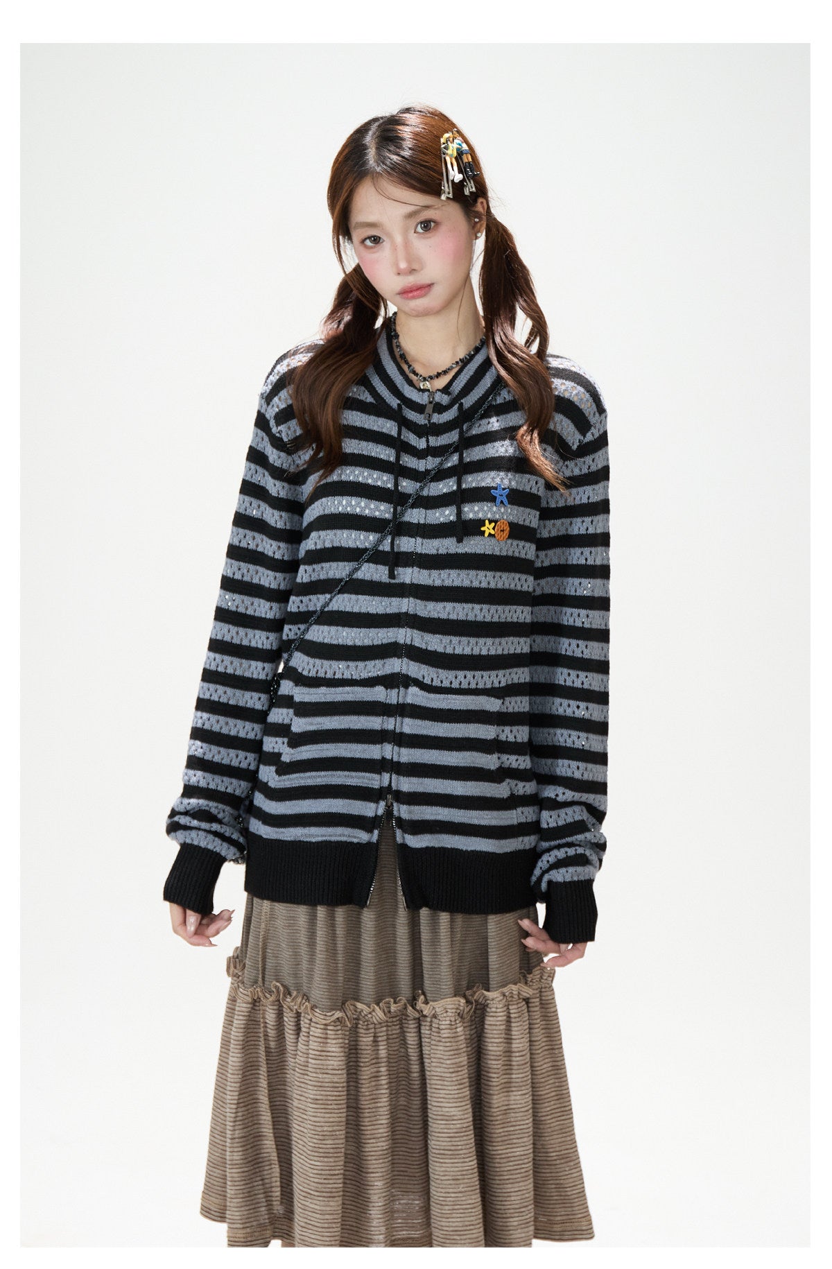 Striped Openwork Knit Cardigan & Black Polka-Dot Pleated Midi Skirt