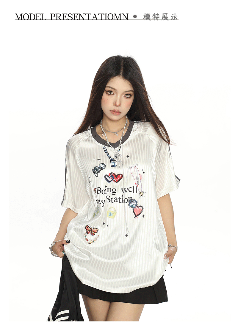 „Doing Well“ Grafik-Trikot-T-Shirt｜Americana Girly V-Ausschnitt Kurzarm gestreift