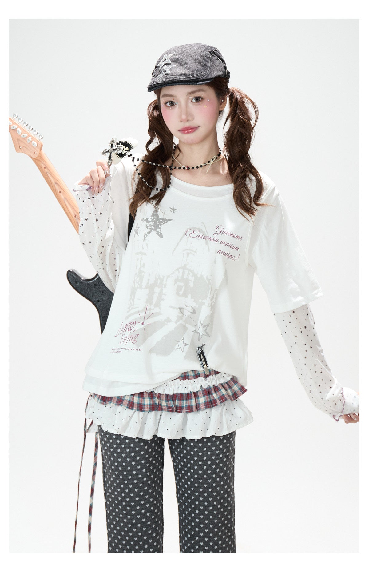 Faux Layered Star Mesh Graphic Long Sleeve Top & Black Star Pleated Mini Skirt