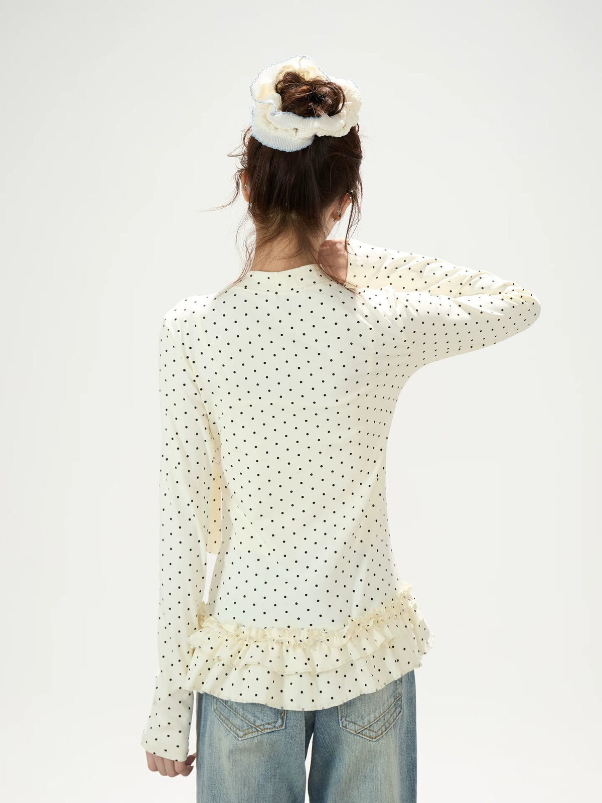 Polka-Dot Bow Ruffle-Hem Long Sleeve Top & Washed Flare Jeans