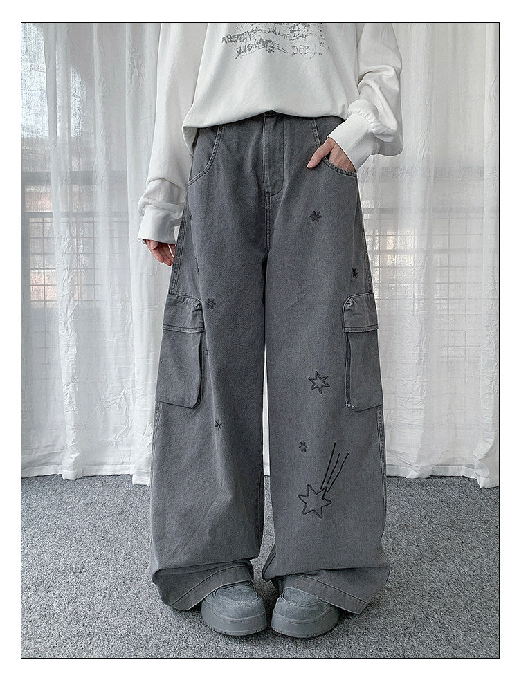 Star Embroidered Cargo Wide-Leg Jeans