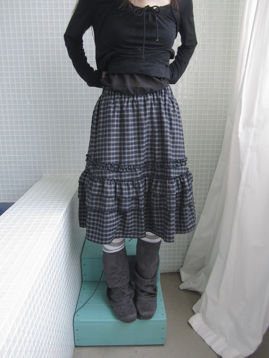 Plaid Ruffle-Tiered Midi Skirt