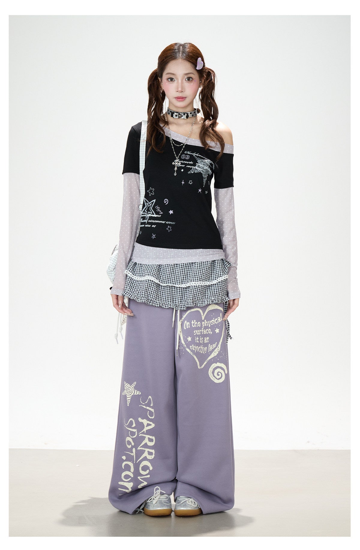Star Melody Mesh-Layered Off-Shoulder Top & Embroidered Wide-Leg Jeans