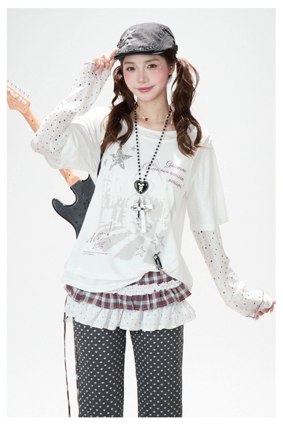 Faux Layered Star Mesh Graphic Long Sleeve Top & Black Star Pleated Mini Skirt