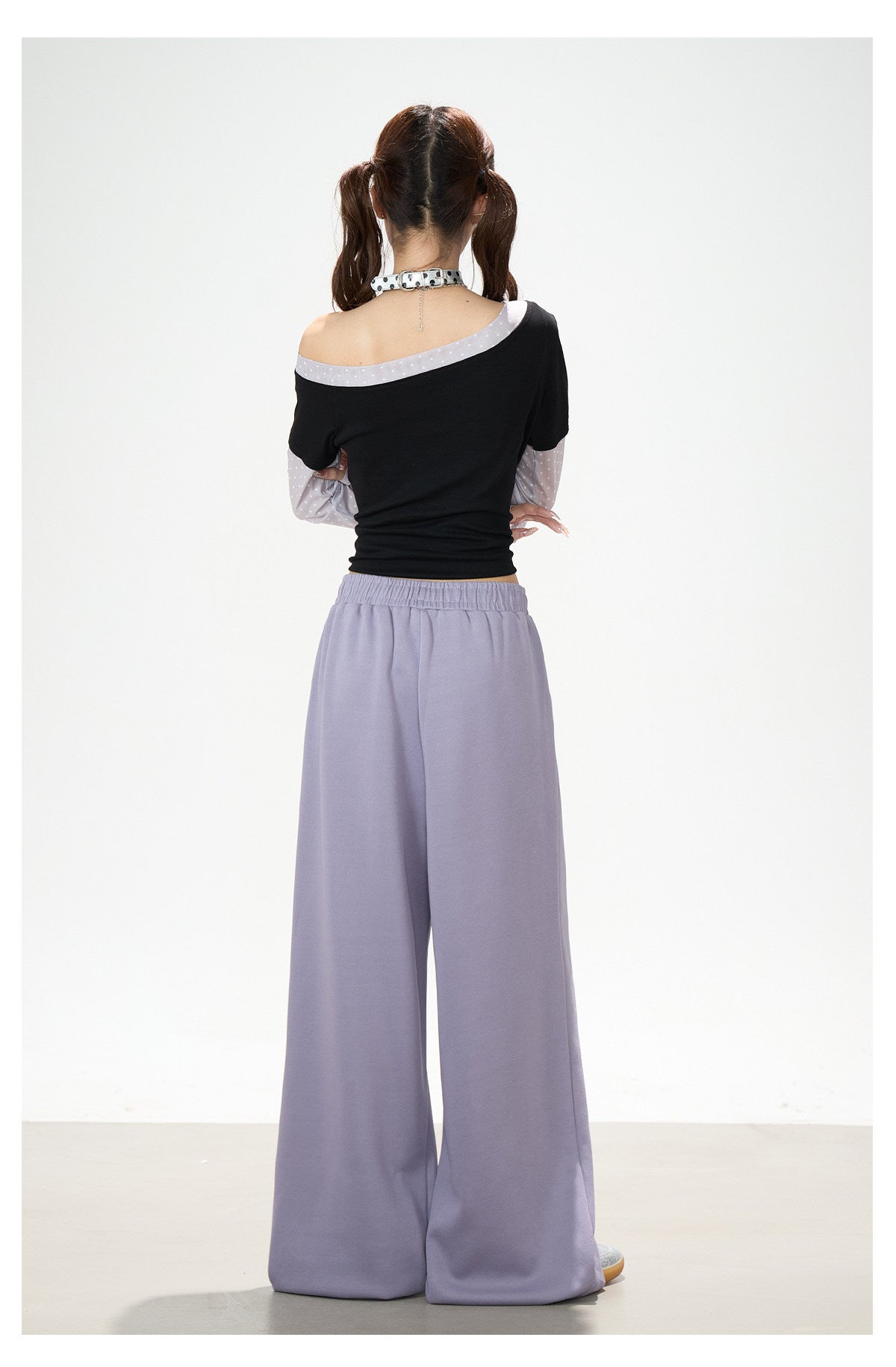 Star Melody Mesh-Layered Off-Shoulder Top & Embroidered Wide-Leg Jeans