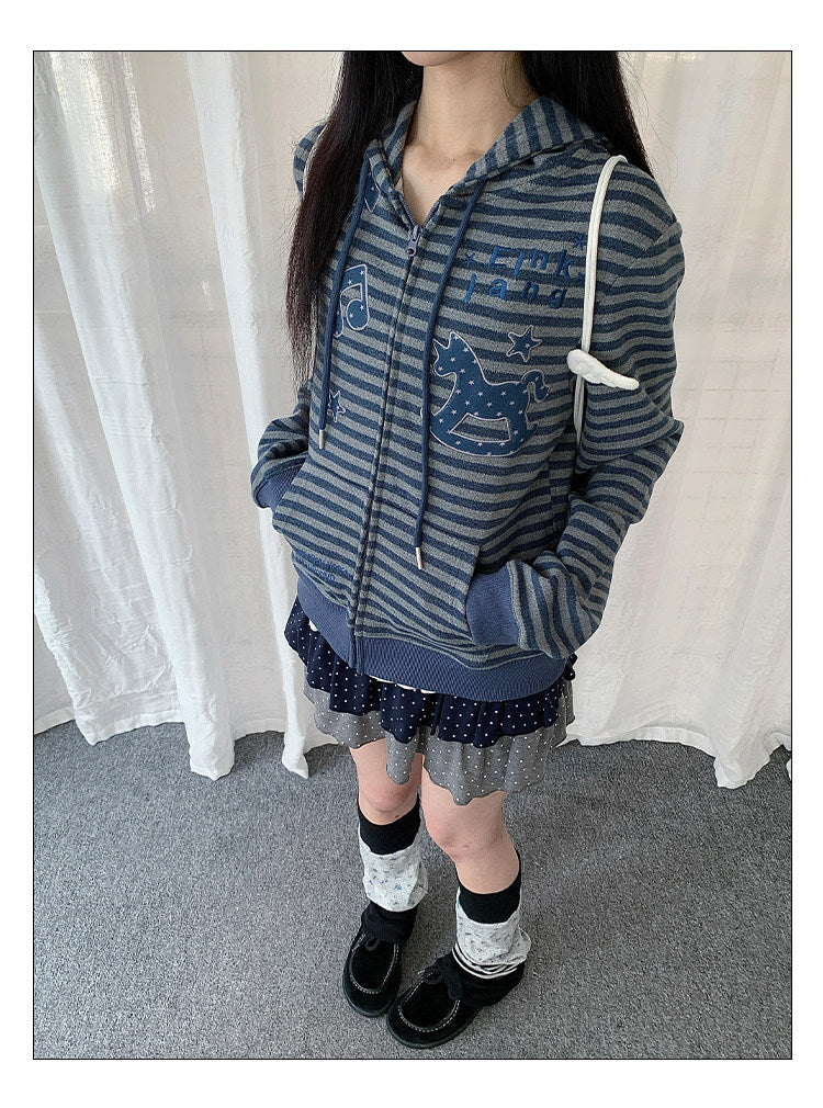 Rocking Horse & Music Appliqué Striped Zip Hoodie