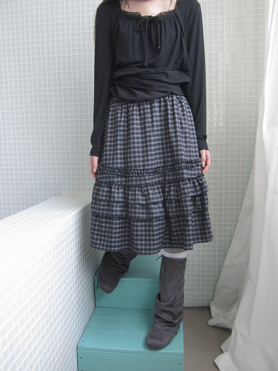 Plaid Ruffle-Tiered Midi Skirt