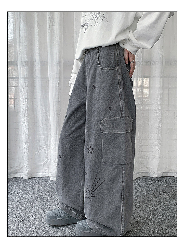 Star Embroidered Cargo Wide-Leg Jeans