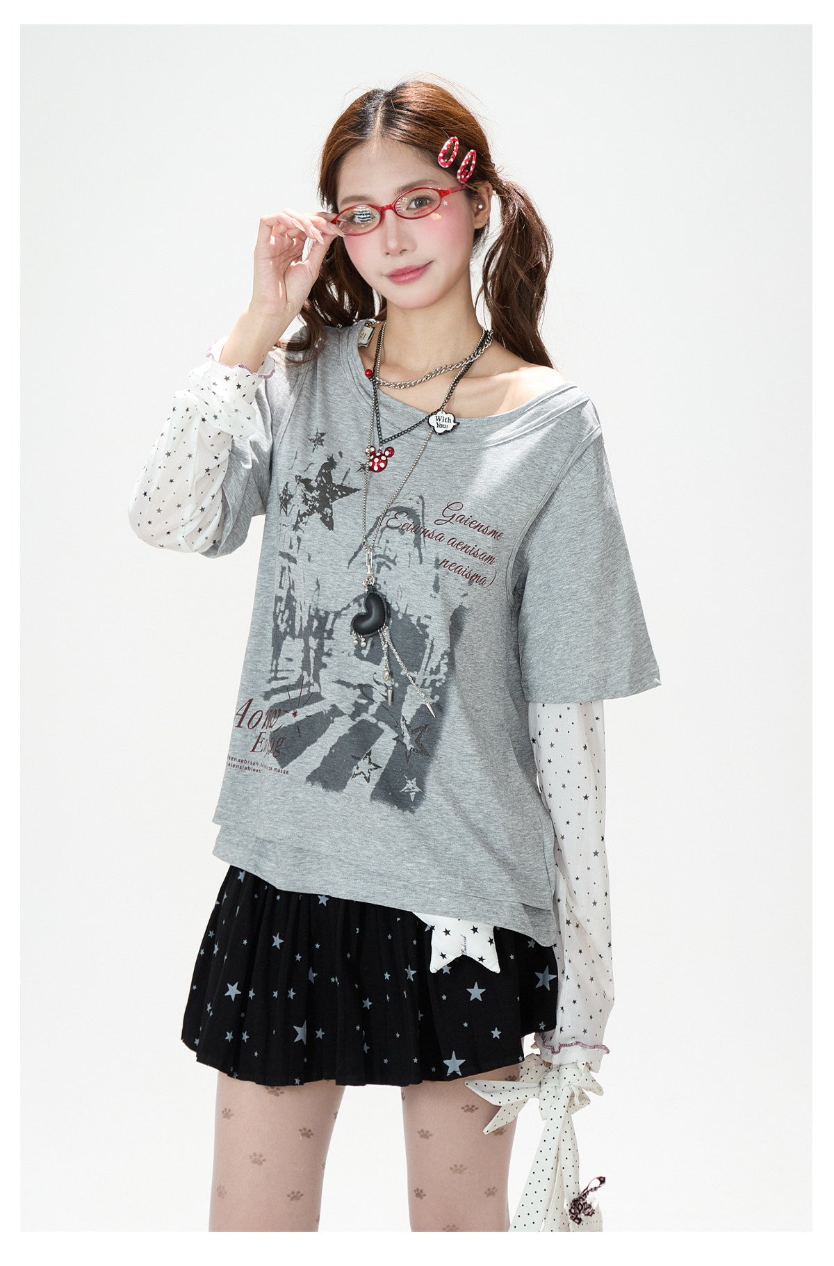 Faux Layered Star Mesh Graphic Long Sleeve Top & Black Star Pleated Mini Skirt