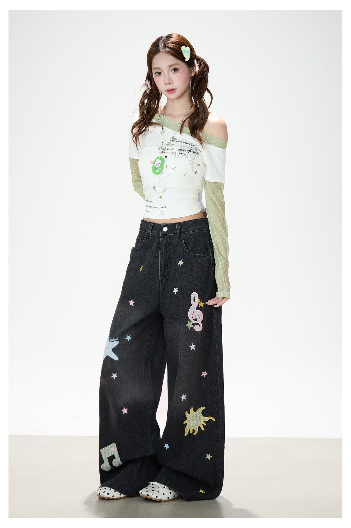 Star Melody Mesh-Layered Off-Shoulder Top & Embroidered Wide-Leg Jeans
