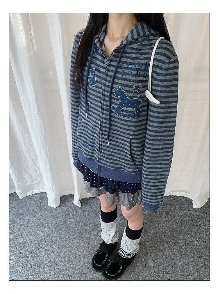 Rocking Horse & Music Appliqué Striped Zip Hoodie