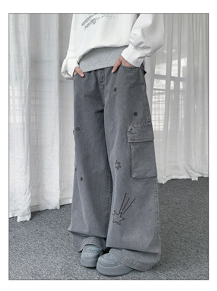 Star Embroidered Cargo Wide-Leg Jeans
