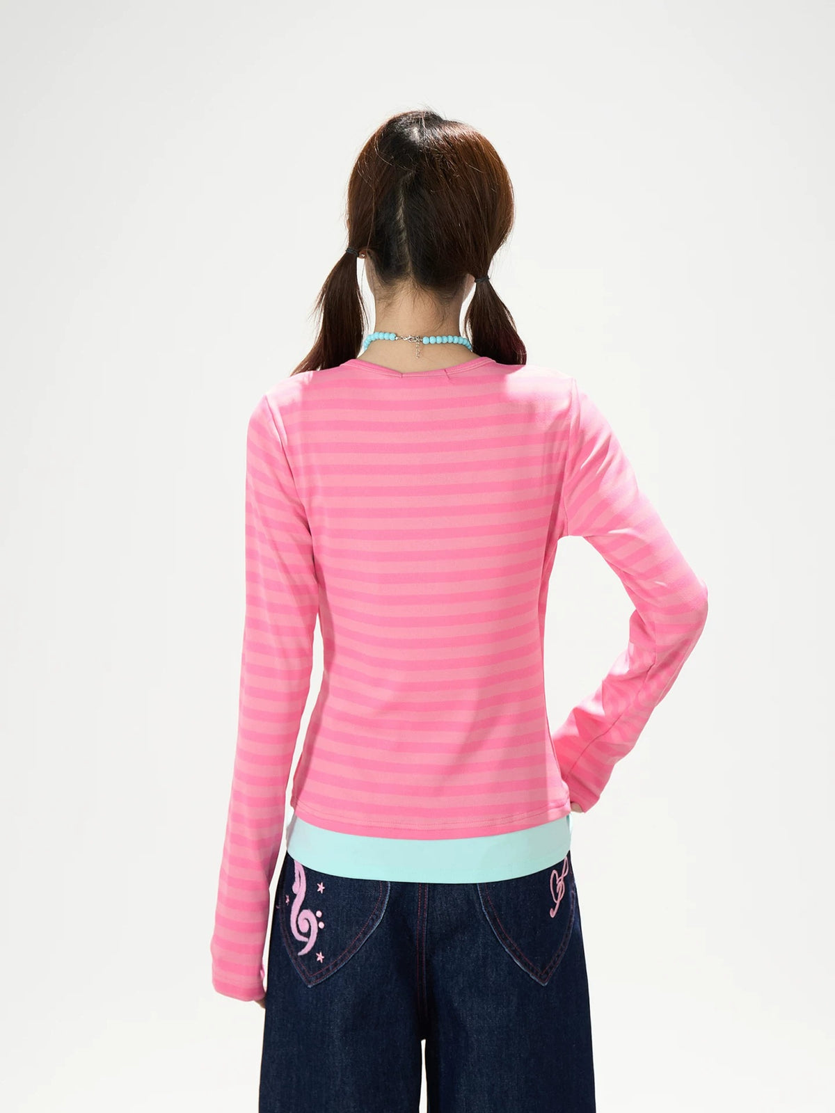 Pink Stripe Layered Long Sleeve Top & Music Note Star Embroidered Wide-Leg Jeans