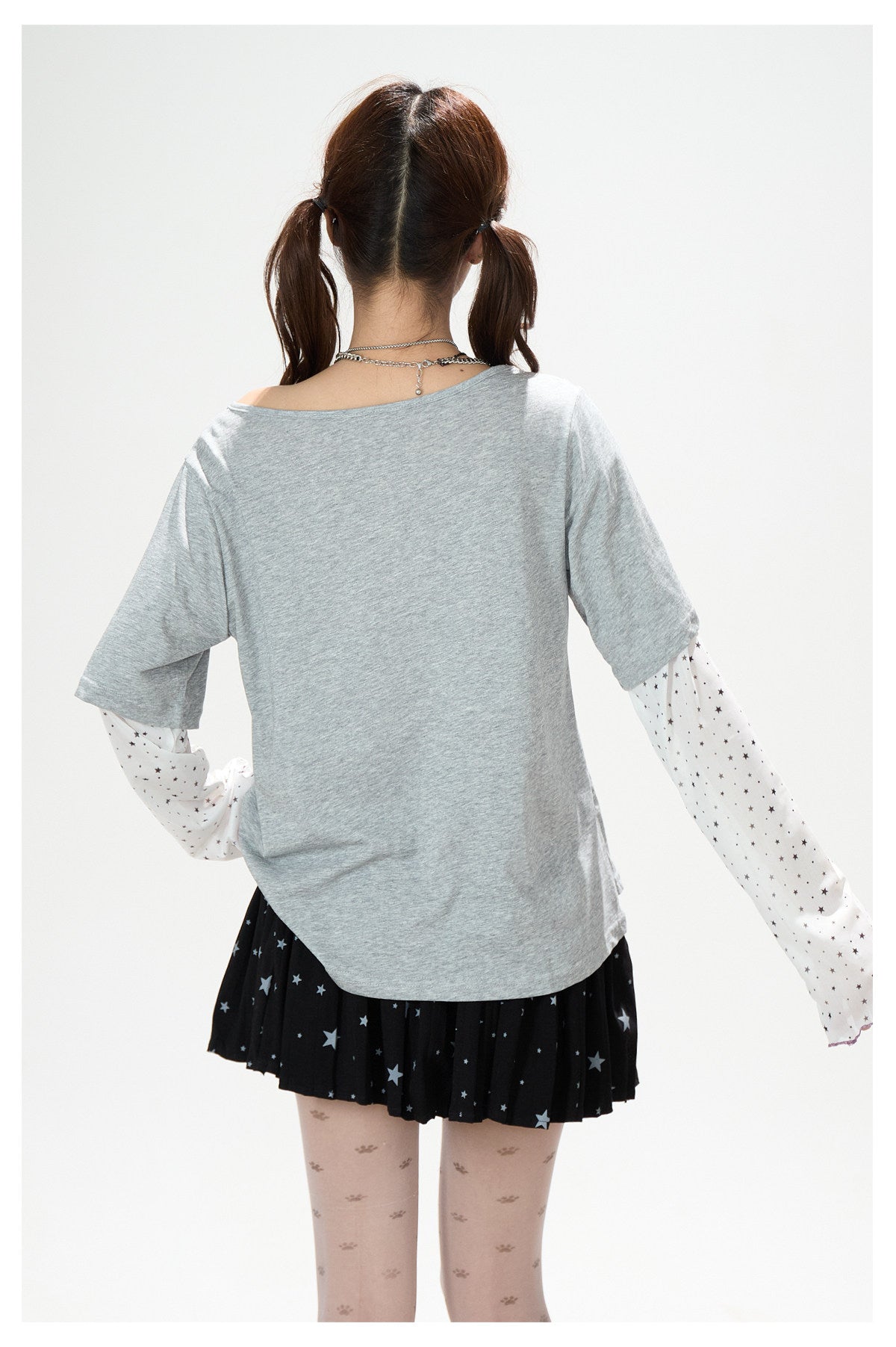 Faux Layered Star Mesh Graphic Long Sleeve Top & Black Star Pleated Mini Skirt