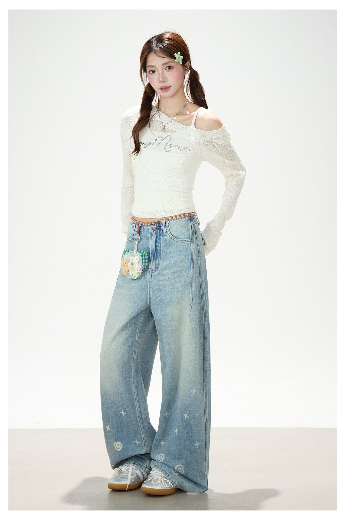 Playful Star Print Washed Wide-Leg Jeans