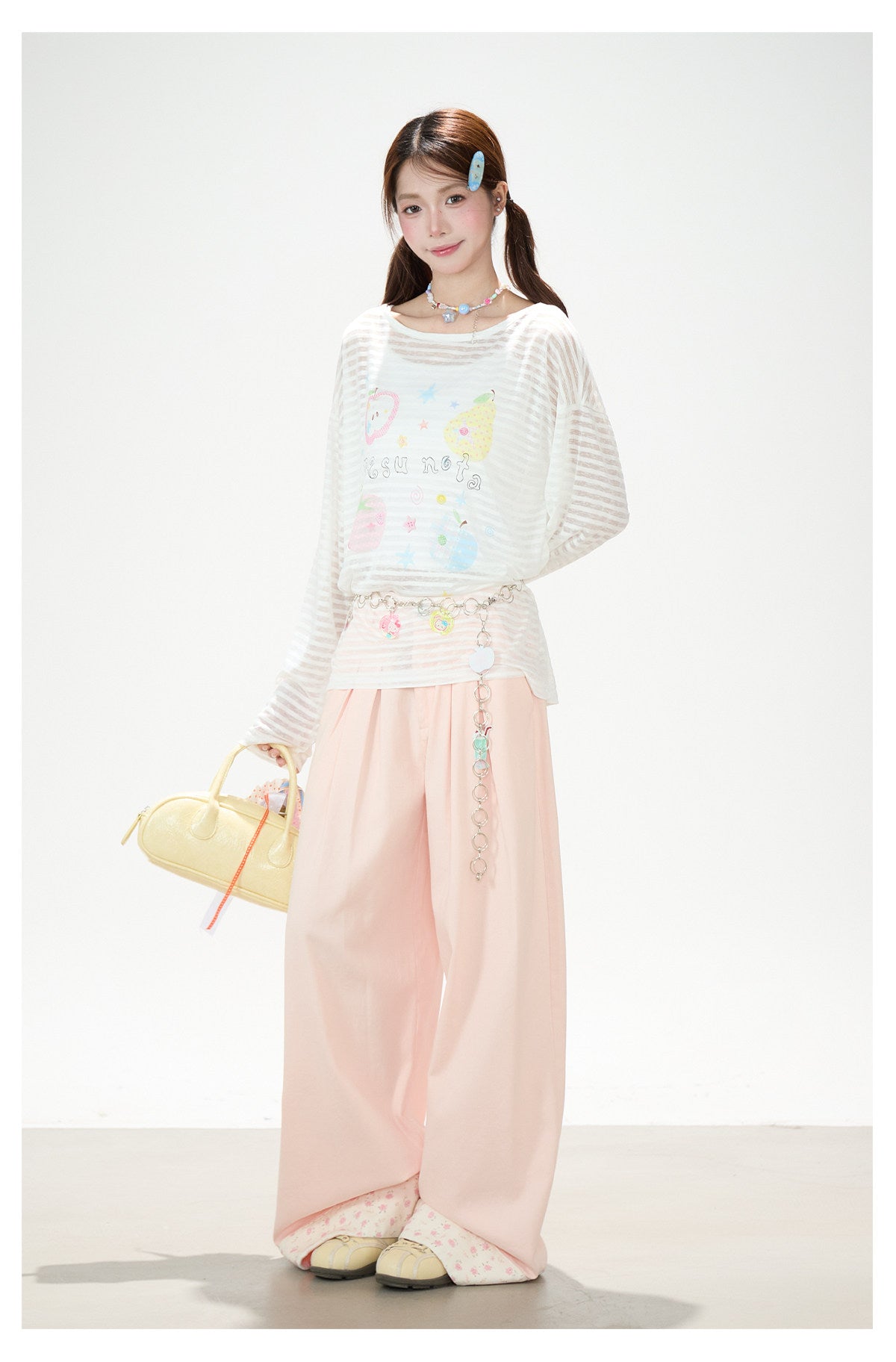 Playful Stripe Graphic Sheer Long Sleeve Top & Pink Wide-Leg Pants