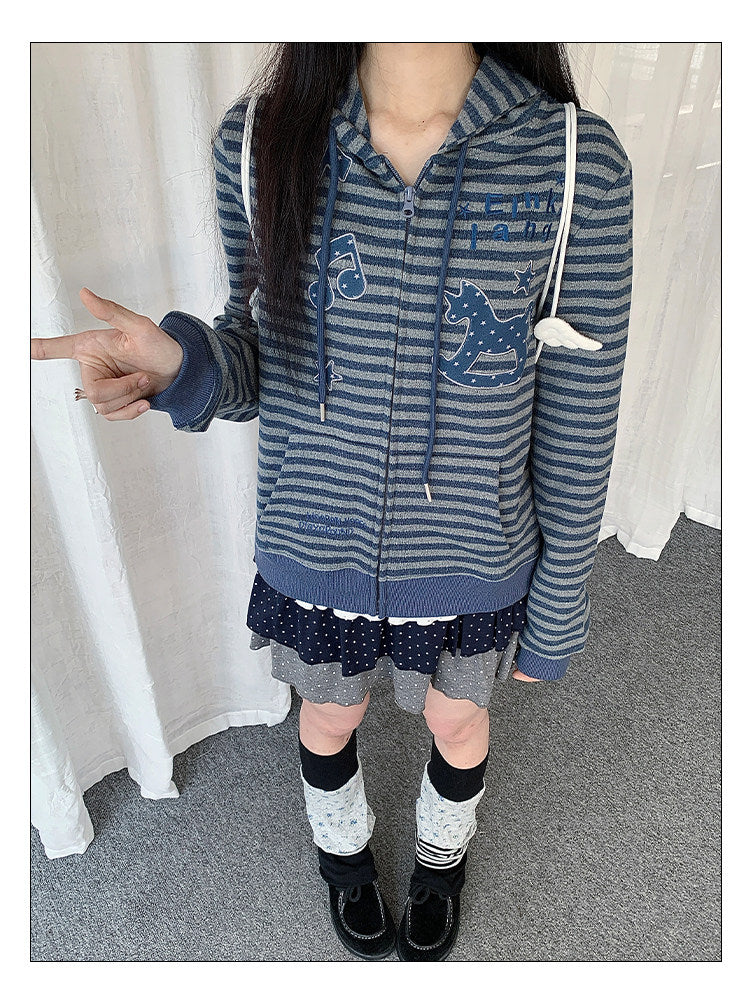 Rocking Horse & Music Appliqué Striped Zip Hoodie