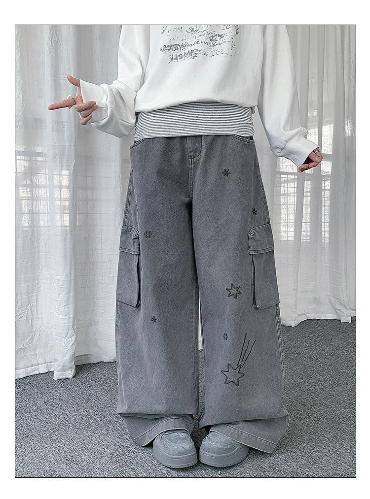 Star Embroidered Cargo Wide-Leg Jeans