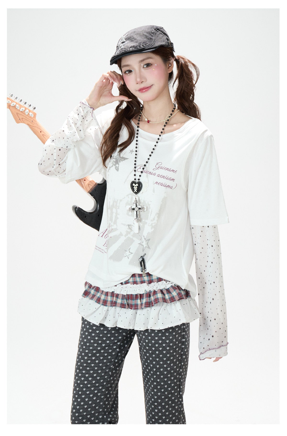 Faux Layered Star Mesh Graphic Long Sleeve Top & Black Star Pleated Mini Skirt
