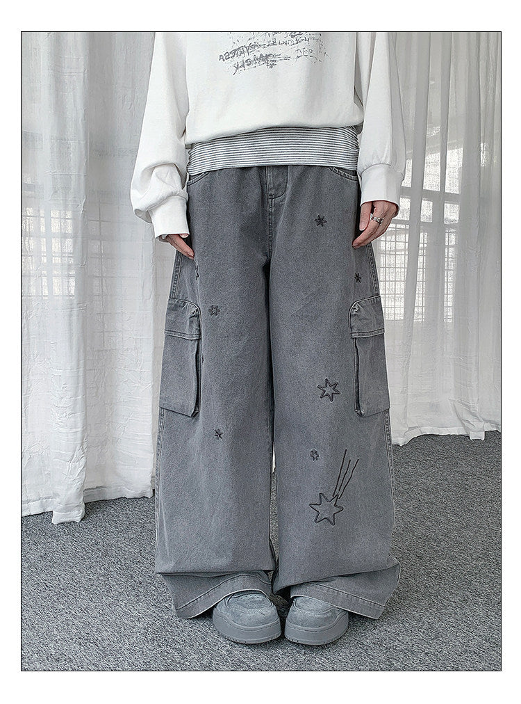 Star Embroidered Cargo Wide-Leg Jeans
