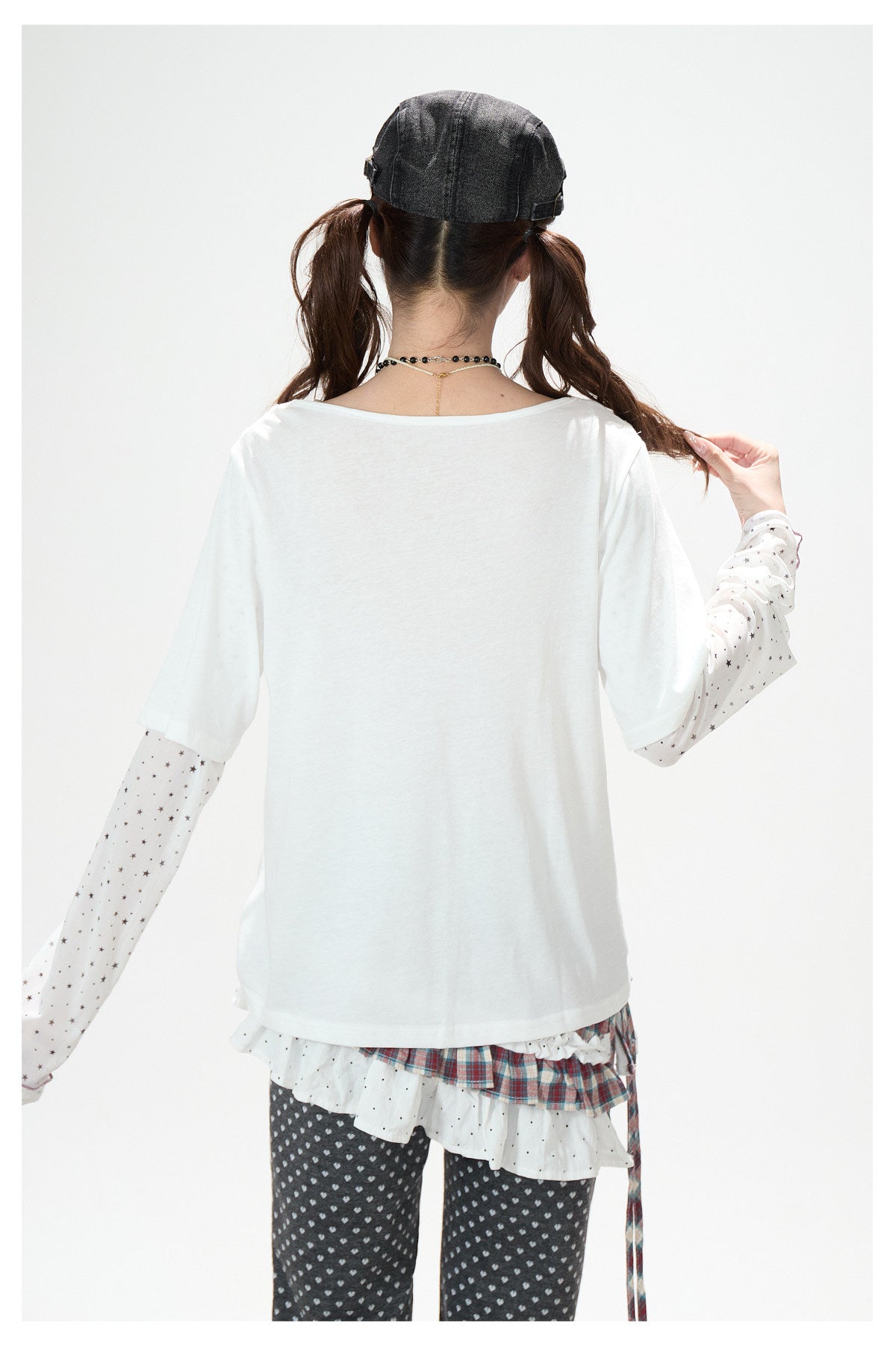 Faux Layered Star Mesh Graphic Long Sleeve Top & Black Star Pleated Mini Skirt