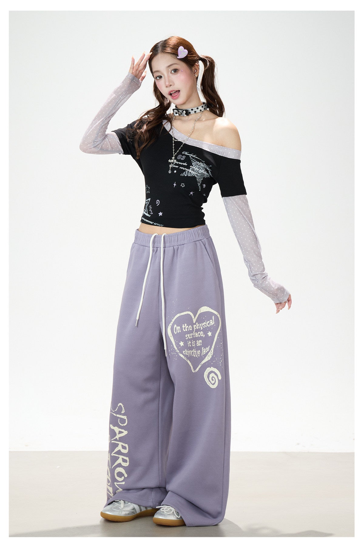 Star Melody Mesh-Layered Off-Shoulder Top & Embroidered Wide-Leg Jeans