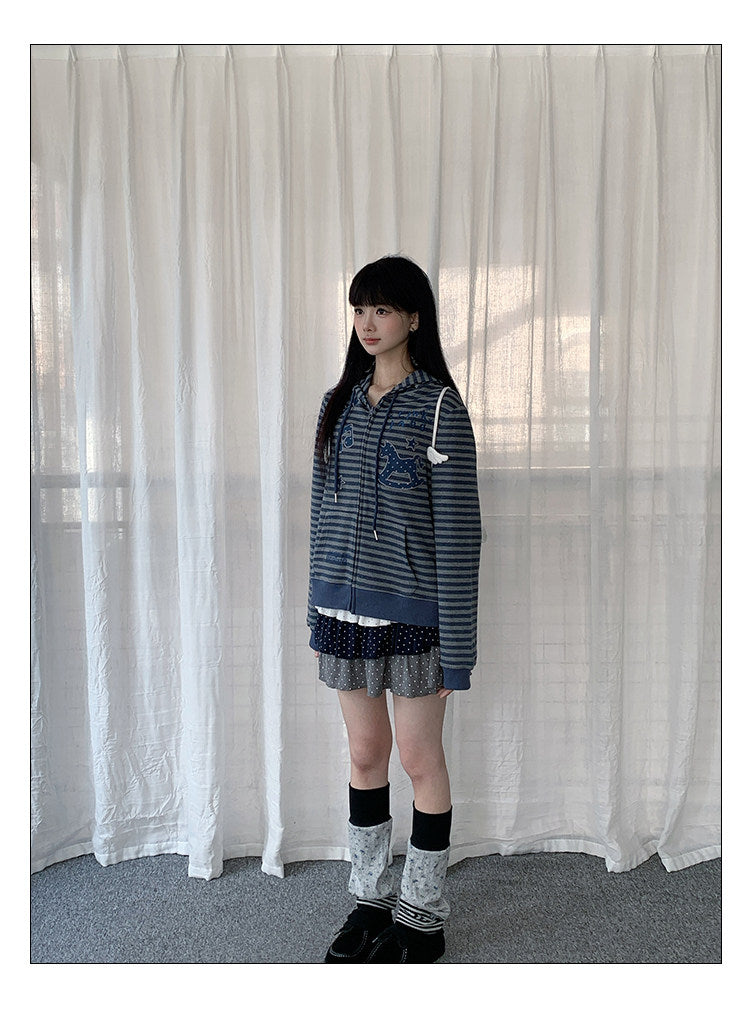 Rocking Horse & Music Appliqué Striped Zip Hoodie