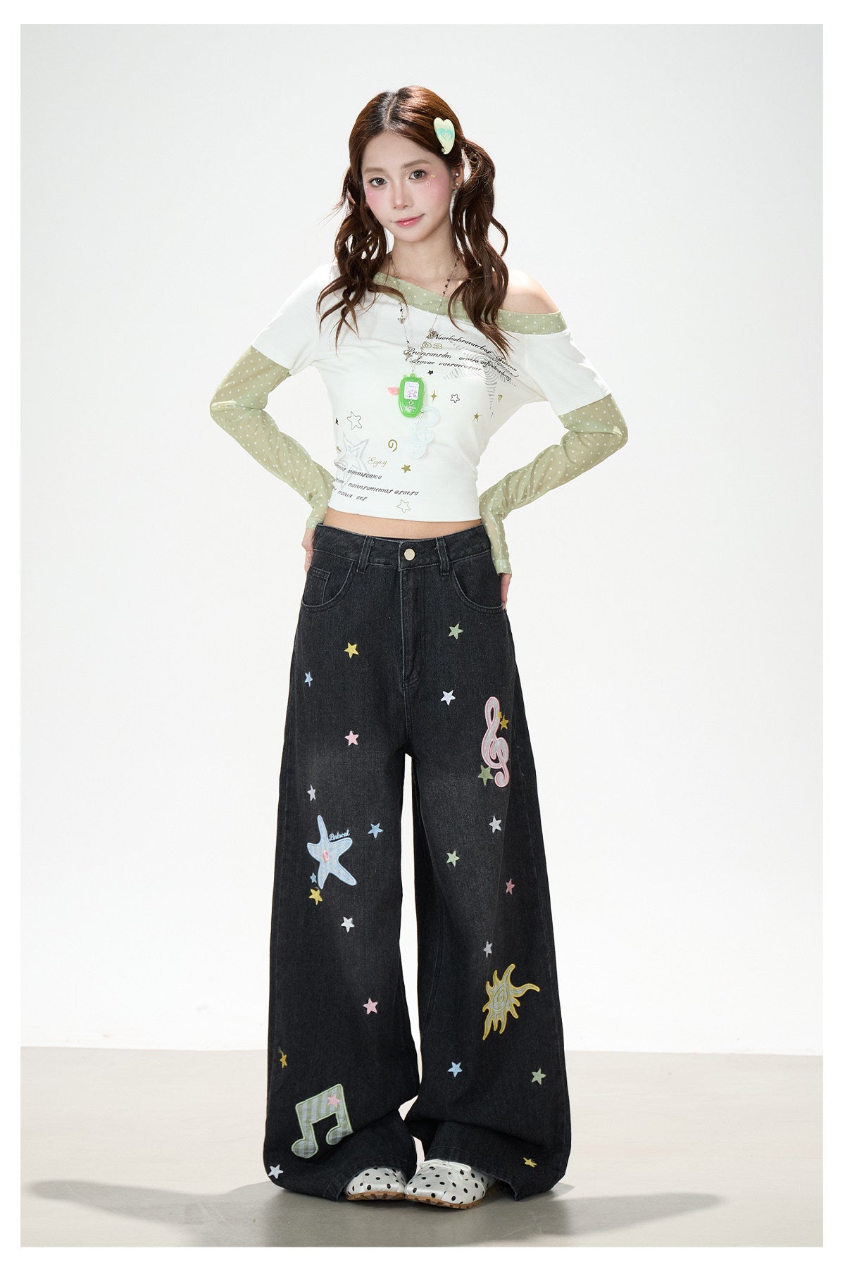 Star Melody Mesh-Layered Off-Shoulder Top & Embroidered Wide-Leg Jeans