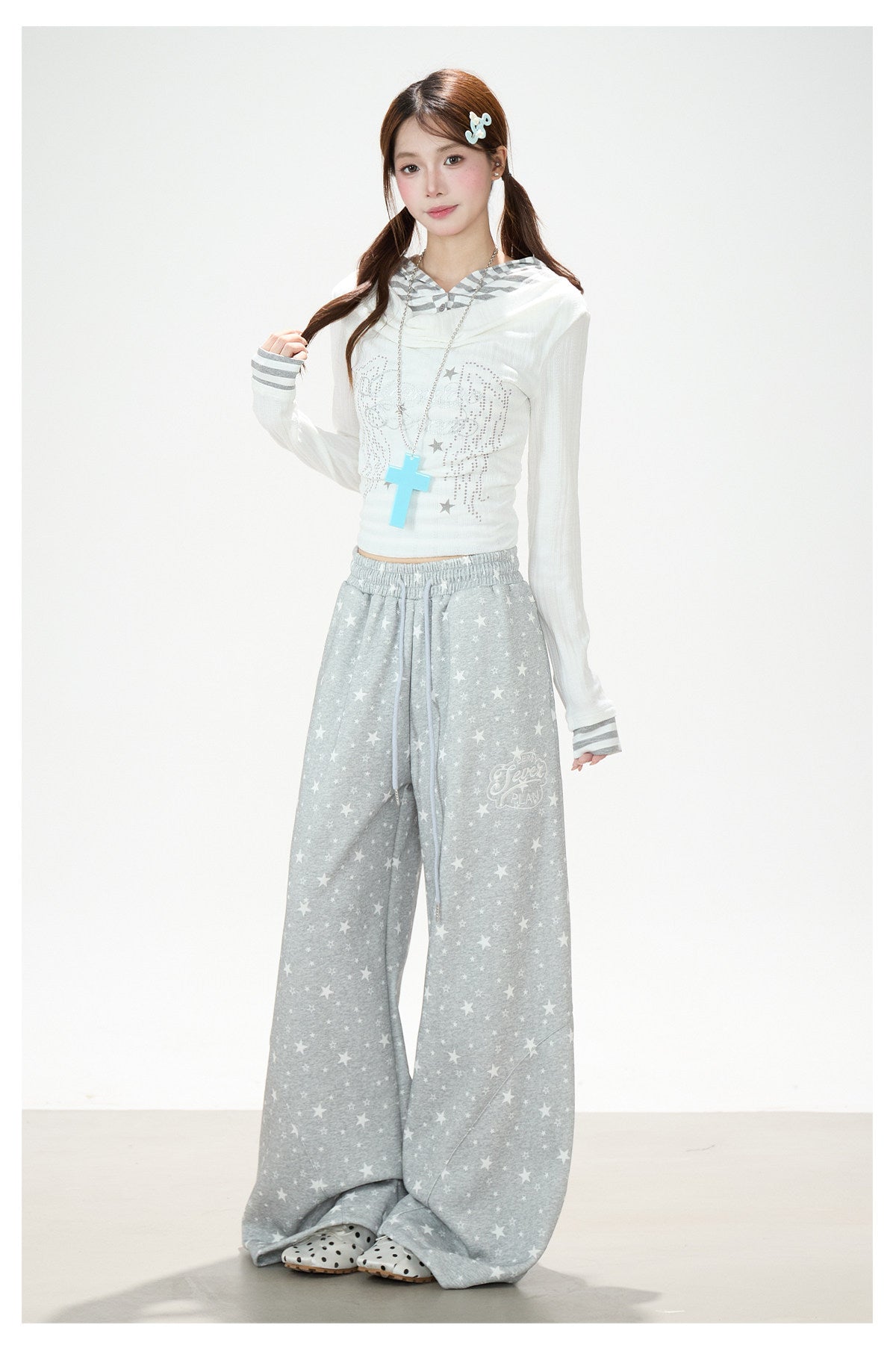 Cowl-Neck Hooded Layered Long Sleeve Top & Gray Wide-Leg Pants