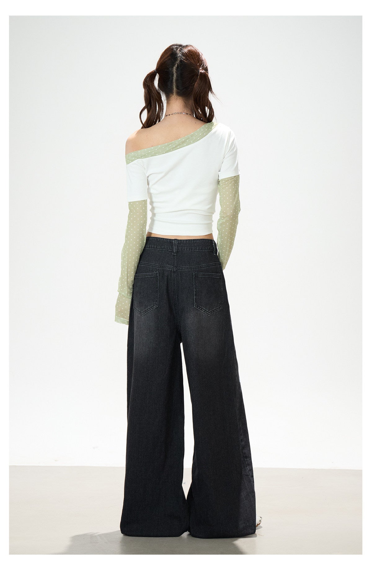 Star Melody Mesh-Layered Off-Shoulder Top & Embroidered Wide-Leg Jeans