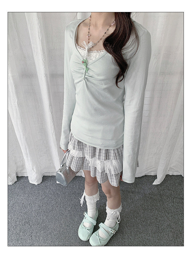 Lace Ruched Layered Long Sleeve Top