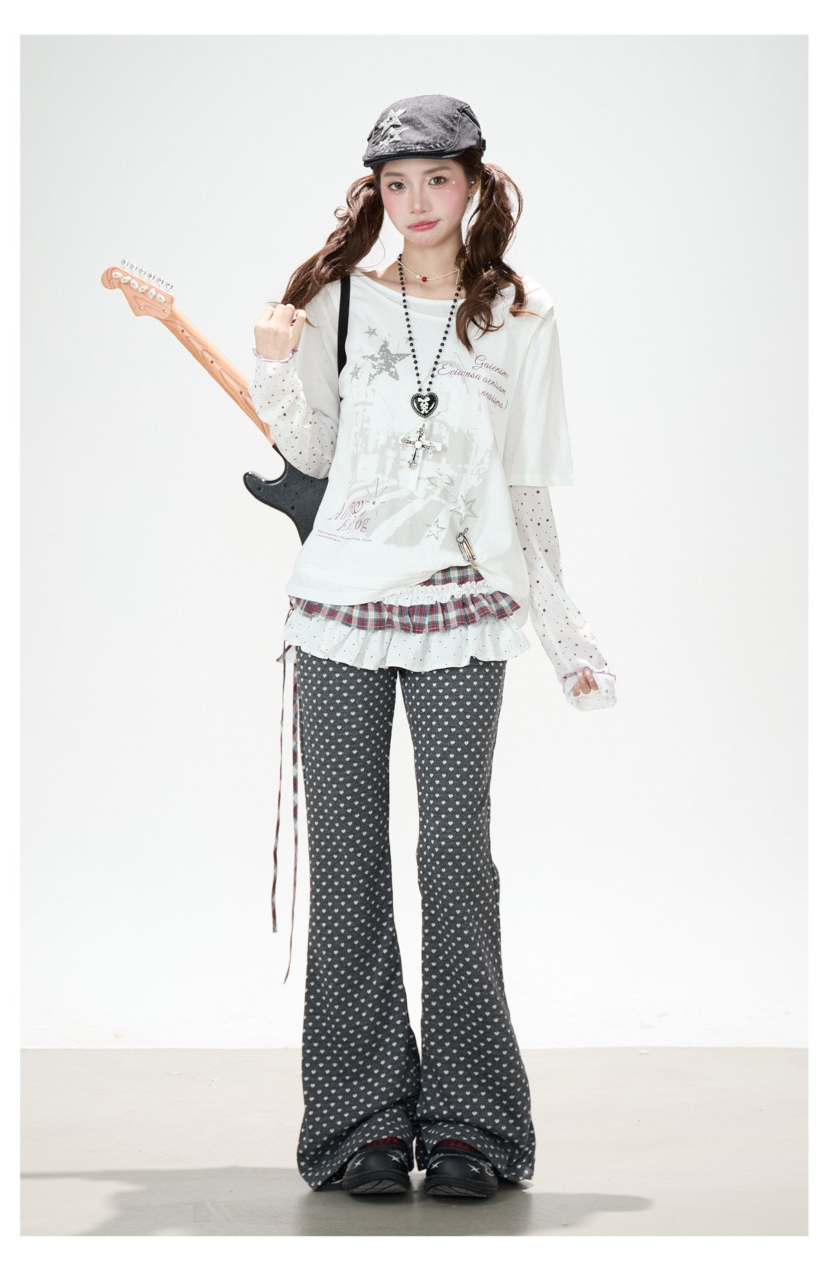 Faux Layered Star Mesh Graphic Long Sleeve Top & Black Star Pleated Mini Skirt
