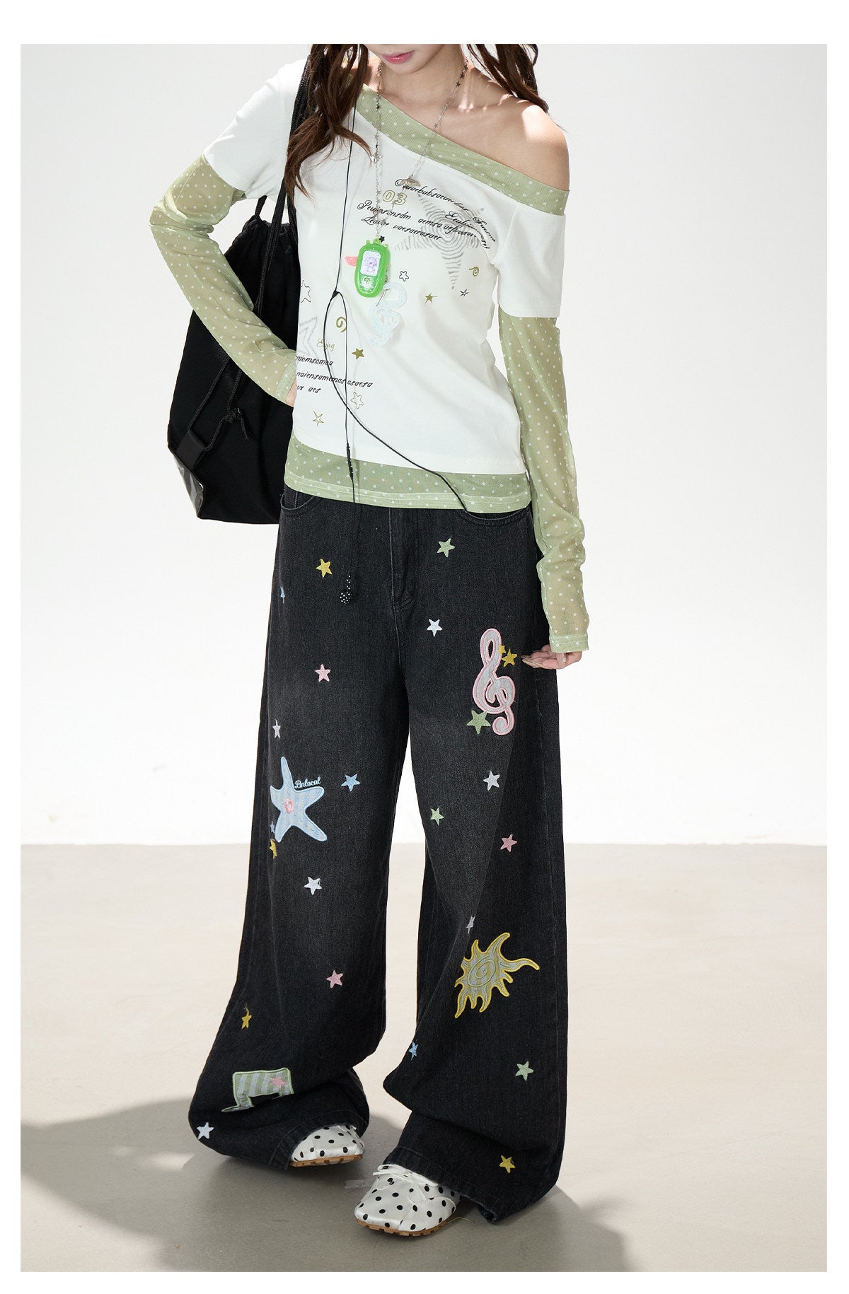 Star Melody Mesh-Layered Off-Shoulder Top & Embroidered Wide-Leg Jeans