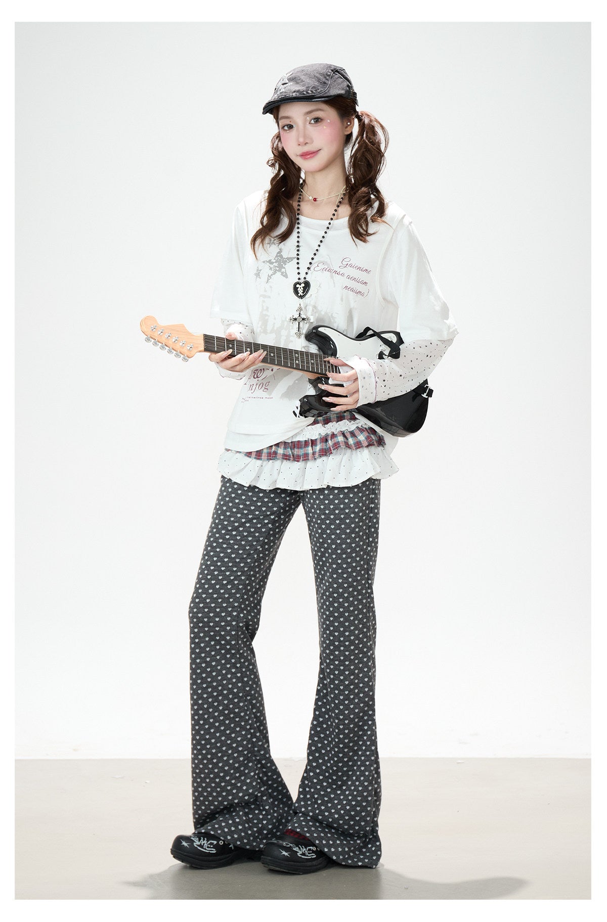 Faux Layered Star Mesh Graphic Long Sleeve Top & Black Star Pleated Mini Skirt