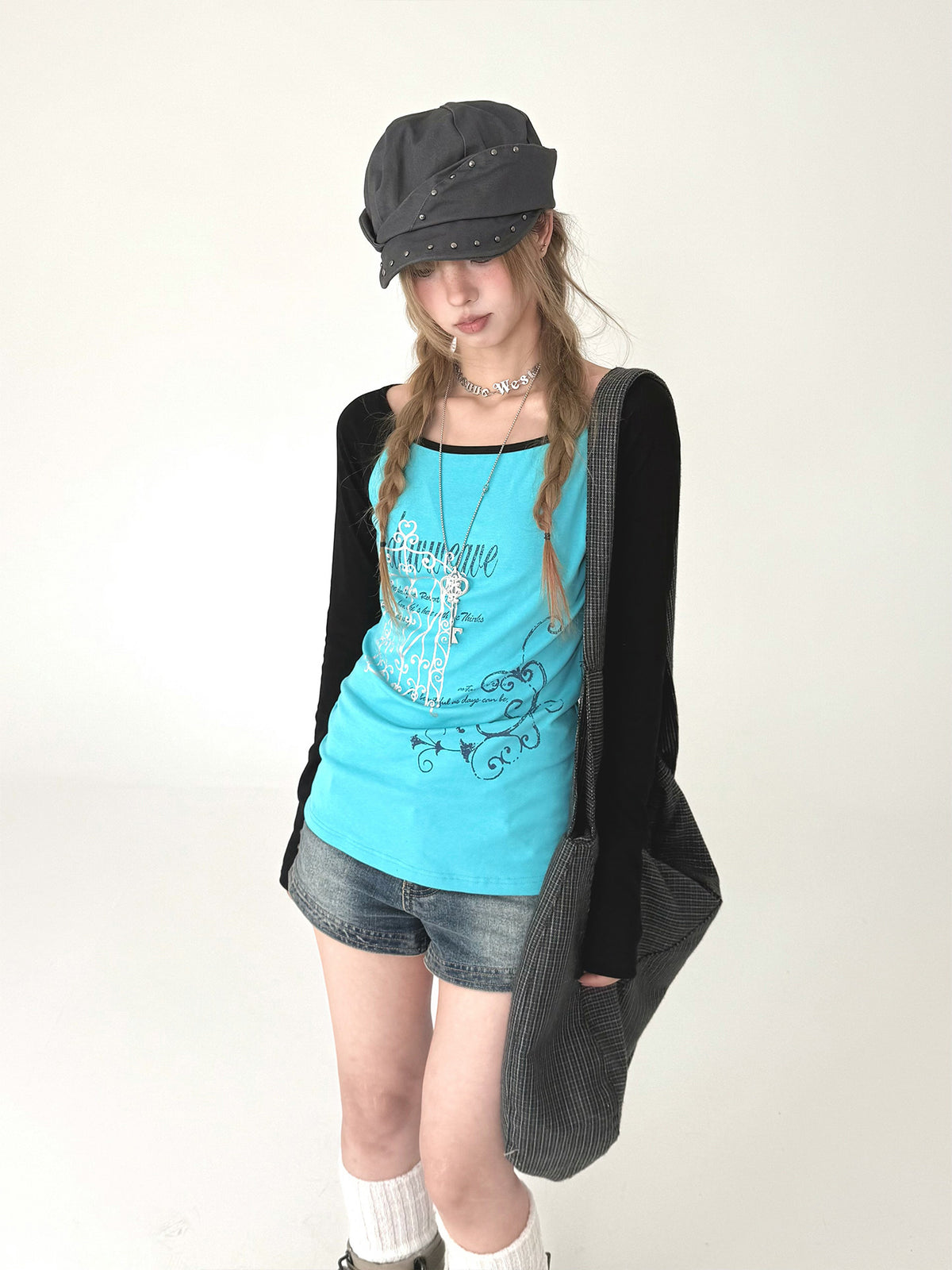 Aqua Contrast Graphic Raglan Long Sleeve Top