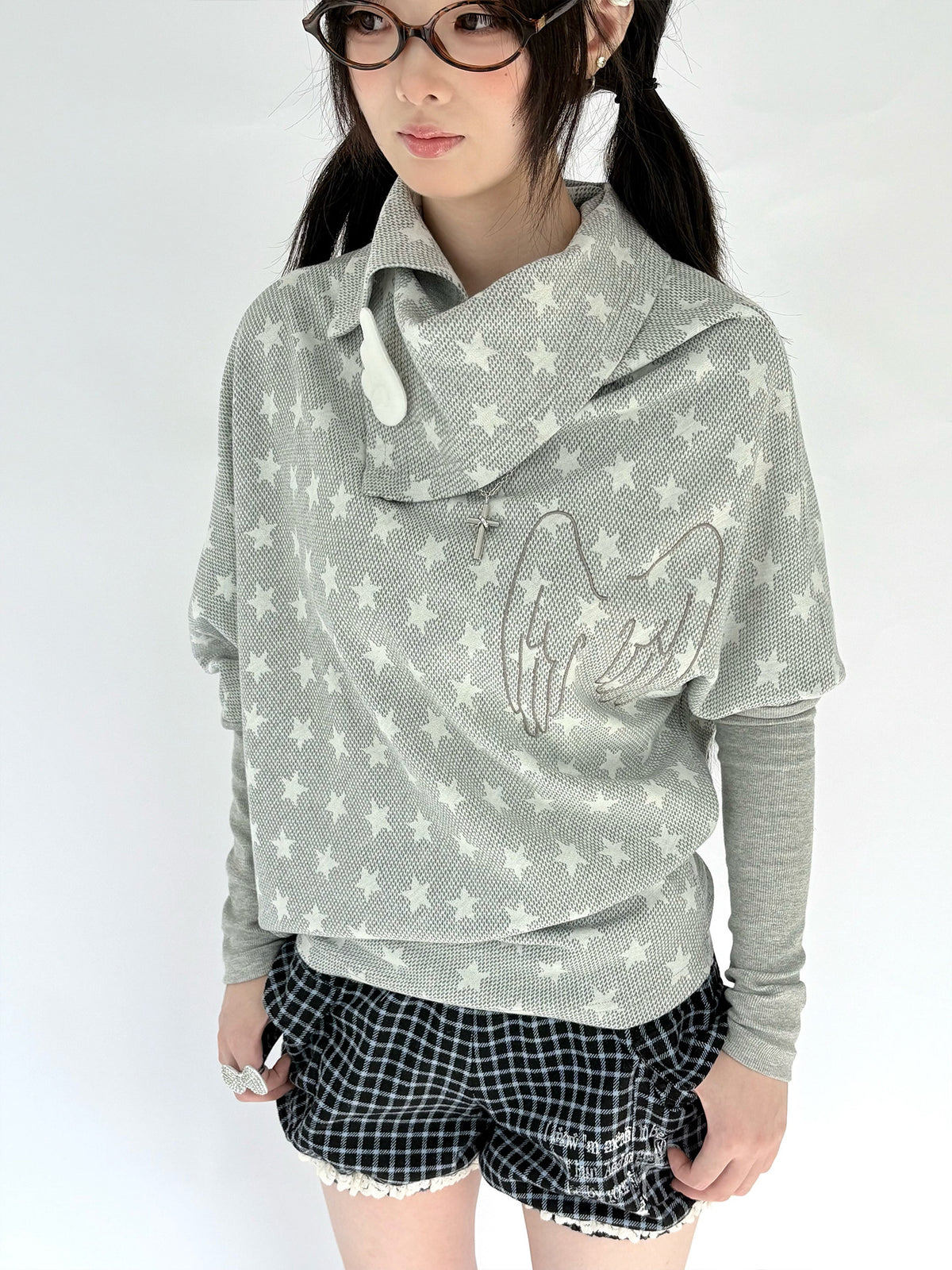 Asymmetric Star Drape Faux-Layer Long Sleeve Top
