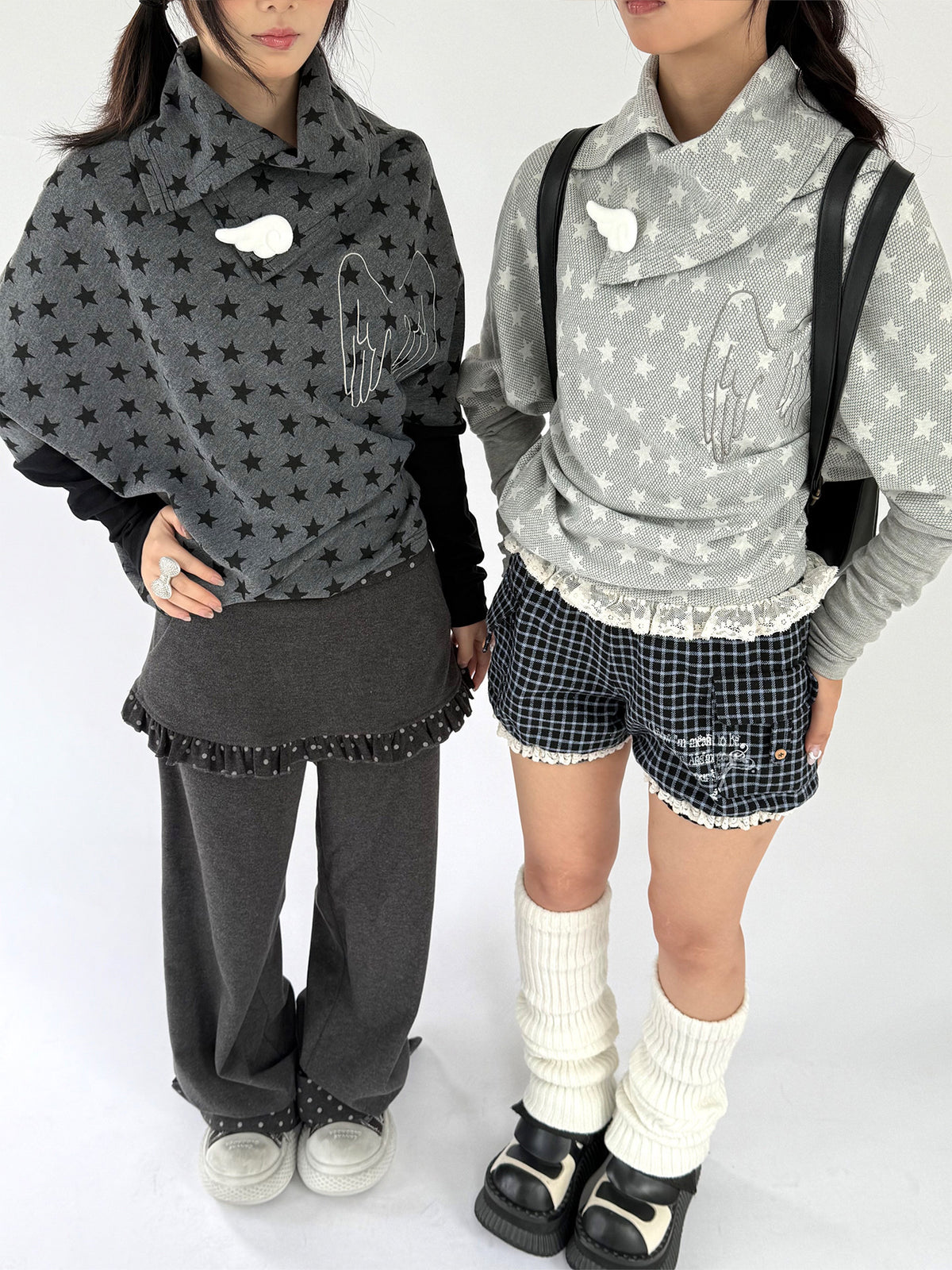 Asymmetric Star Drape Faux-Layer Long Sleeve Top