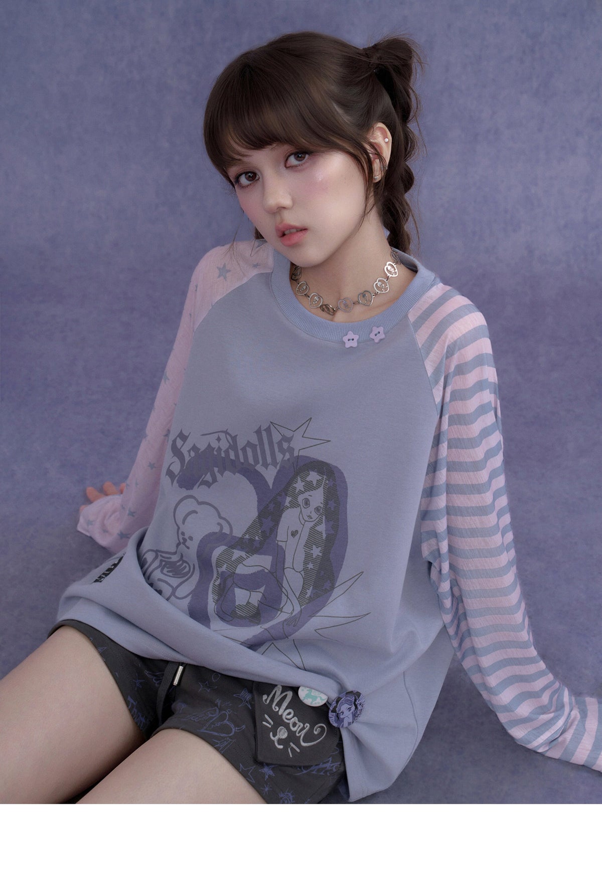 Lavender Star Stripe Raglan Graphic Long-Sleeve Tee